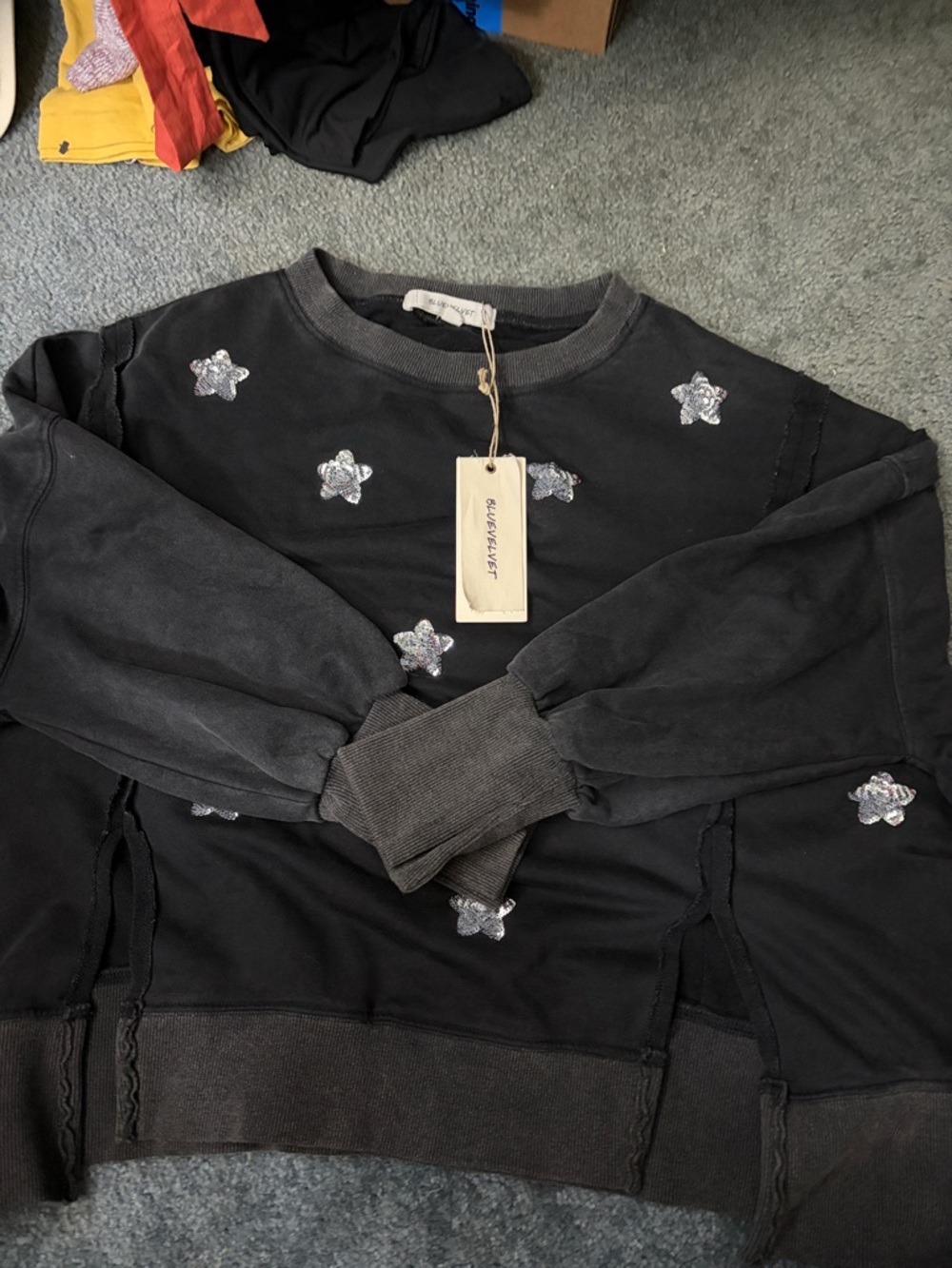 Washed Black Crewneck Sweater with Silver Star Appliqués